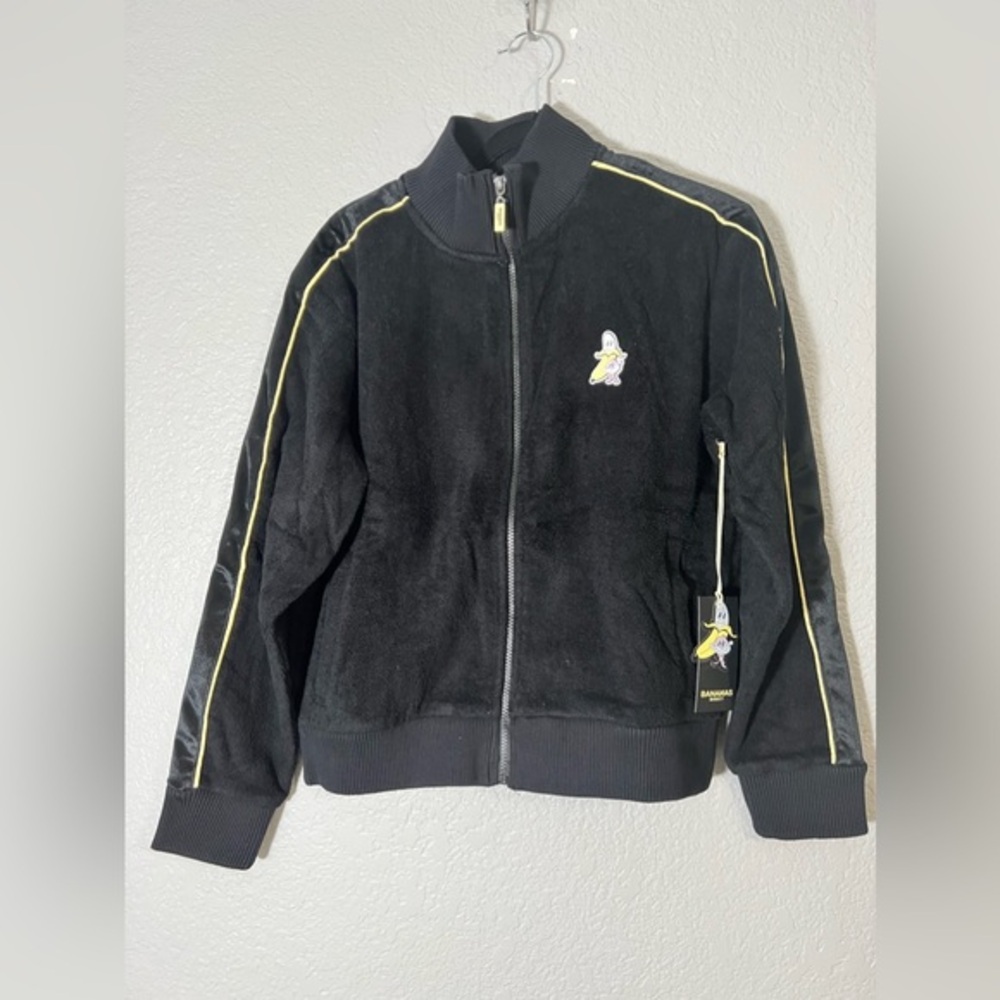 Bananas Monkey Zip up track jacket Black Yellow Terry Cloth 100% cotton small‎